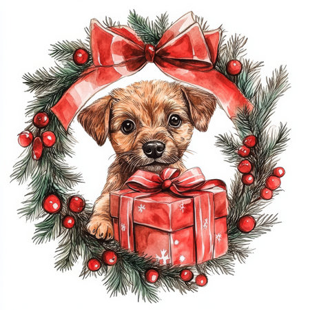 Christmas wreath with an adorable puppy and a gift box, surrounded by red ribbons and festive decorations, handdrawn in watercolor.の素材