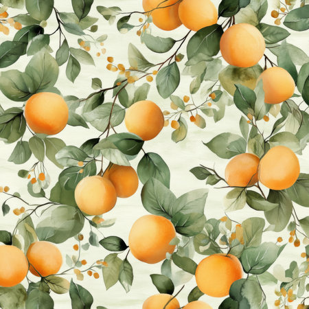A seamless pattern with sweet apricots and soft green leaves, botanical watercolor illustration. The soft orange fruits create a warm, inviting design for textiles or wallpaper.の素材