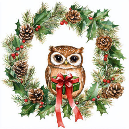 Holiday wreath with a cheerful owl holding a small present, decorated with holly, pinecones, and festive ribbons, handpainted in watercolor.の素材
