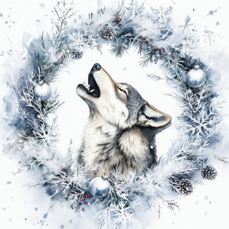 A majestic wolf howling at the center of a watercolor Christmas wreath. The wreath is decorated with icy branches, snowflakes, and silver ornaments, blending wild nature with festive winter spirit.の素材