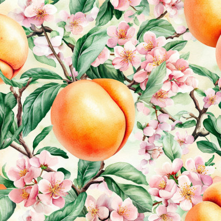 A seamless pattern with luscious peaches and soft pink blossoms, botanical watercolor illustration. The juicy peach fruits and delicate flowers create a lovely springtime design for stationery or fashion prints.の素材