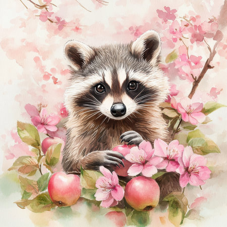 A cute raccoon with curious eyes, playfully interacting with pink apple flowers and sakura blossoms. Watercolor illustration bringing a touch of mischief to the beauty of springtime in the forest.の素材