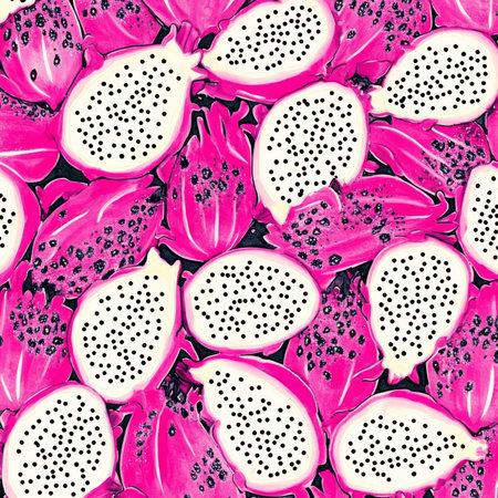 A whimsical seamless pattern featuring handpainted dragon fruit, showing its bright pink skin and white flesh with black seeds. This exotic design is perfect for tropicalthemed decor or summer wear.の素材