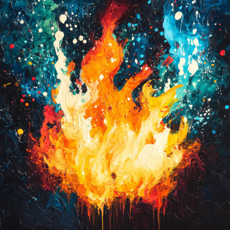 Abstract artwork featuring an intense fire blazing in water, with bright bursts of paint drops creating a textured, colorful background. The clash of elements forms a vivid, explosive pattern perfect for a striking print.の素材