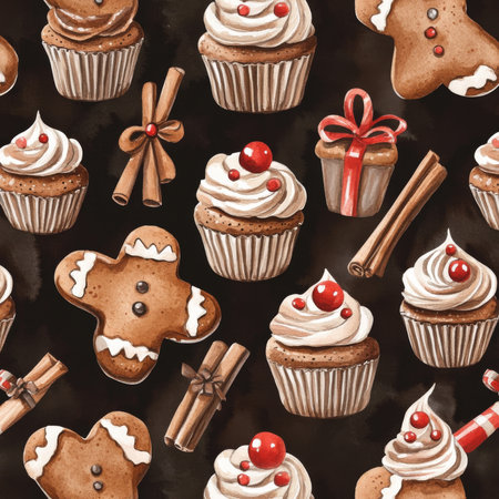 A cozy Christmas seamless pattern featuring watercolor gingerbread cookies, festive cupcakes, and cinnamon sticks. The warm browns, reds, and whites create a sweet and delicious holiday design perfect for New Year wrapping paper or holidaythemed decor.の素材