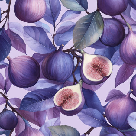 A seamless pattern with ripe figs and purplehued leaves, botanical watercolor illustration. The soft purple and green tones create a luxurious, exotic feel for fabric or wallpaper design.の素材
