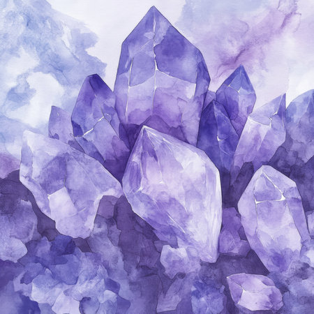 Soft and luminous watercolor illustration of lavender crystals, showing delicate purple shades and intricate textures. These crystals shine with a serene elegance, perfect for fantasythemed designs or home decor.の素材