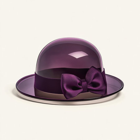 A modern twist on the transparent bowler hat, featuring a rich purple satin ribbon and a minimalistic, polished finish, presented against a transparent backgroundの素材