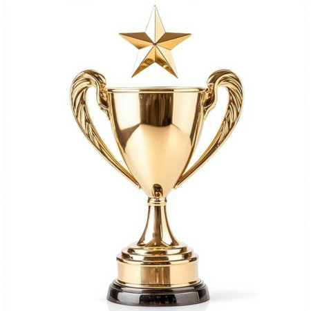 A modern golden trophy with sleek curves and a radiant star on top, capturing the essence of victory and excellence, isolated on a white backgroundの素材