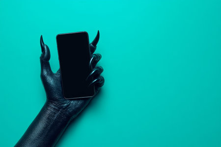 A black hand with menacing claws firmly grasping a smartphone on a turquoise studio background, the cool color creating a striking contrast with the dark hand.の素材