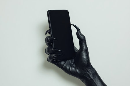 A black hand with claws gripping a sleek smartphone, set against a clean white studio background, with the simplicity of the backdrop enhancing the boldness of the hand.の素材