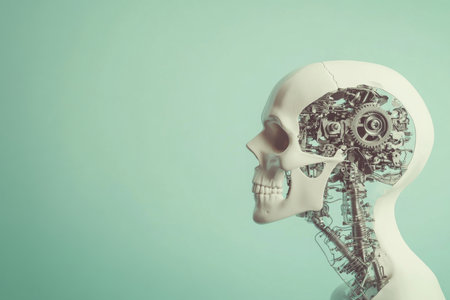 A side profile of a human head with the skull opened to reveal a mechanical system inside, symbolizing mental health awareness and the complexities of the brain, set against a light green background.の素材