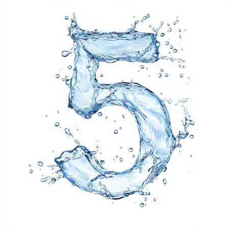 A creative number 5 crafted from cascading water splashes, with droplets hanging mid-air, showcasing the elegant and natural motion of liquid, isolated on a white backgroundの素材