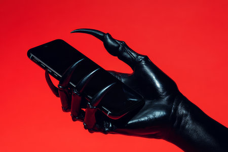 A black hand with sharp claws holding a smartphone against a vibrant red studio background, with shadows enhancing the texture of the hand and sleekness of the phone.の素材