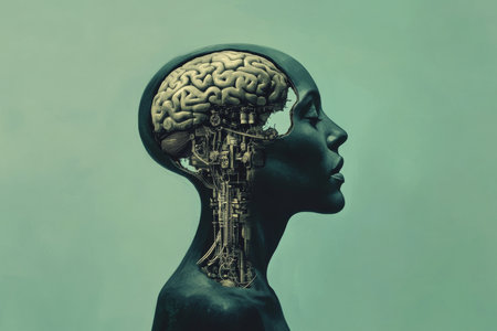 A side profile of a human head with the skull opened to reveal a mechanical system inside, symbolizing mental health awareness and the complexities of the brain, set against a light green background.の素材