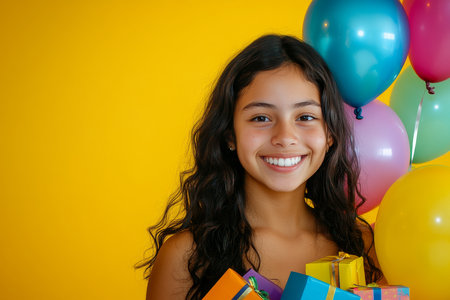 A young adult Hispanic girl smiling brightly, holding several colorful balloons and packages, posed against a radiant yellow studio background, expressing happiness and excitement.の素材