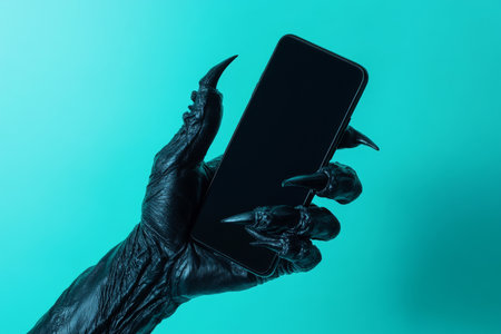 A black hand with menacing claws firmly grasping a smartphone on a turquoise studio background, the cool color creating a striking contrast with the dark hand.の素材