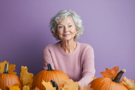 A senior Caucasian woman sitting gracefully with pumpkins and yellowed leaves surrounding her, set against a muted lilac studio background, evoking calm and warmth.の素材