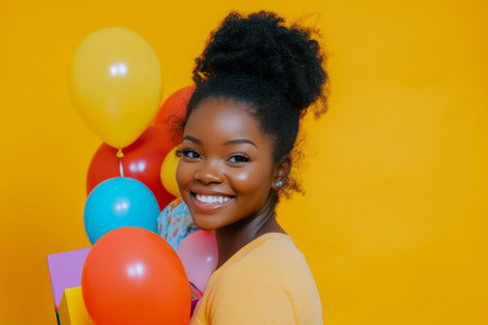 A young adult African American girl with a big smile, holding brightly colored balloons and packages, set against a bold yellow studio background for a vibrant and energetic look.の素材