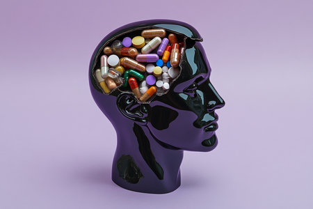 A human head with a section opened, revealing pills and capsules inside, symbolizing mental health struggles and support, set against a soft lavender background for World Mental Health Day.の素材