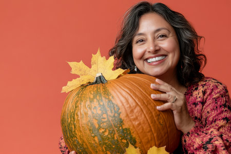 A middle-aged Hispanic woman smiling while holding a large pumpkin with yellowed leaves scattered around her feet, set against a bright coral studio background, capturing the warmth of autumn.の素材