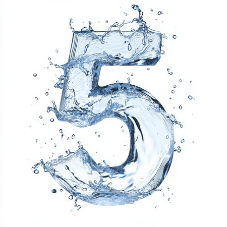 A creative number 5 crafted from cascading water splashes, with droplets hanging mid-air, showcasing the elegant and natural motion of liquid, isolated on a white backgroundの素材