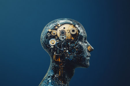 A human with an exposed head, showing mechanical gears and circuits inside, representing the connection between mental health and the inner workings of the brain, on a deep blue background for World Mental Health Day.の素材