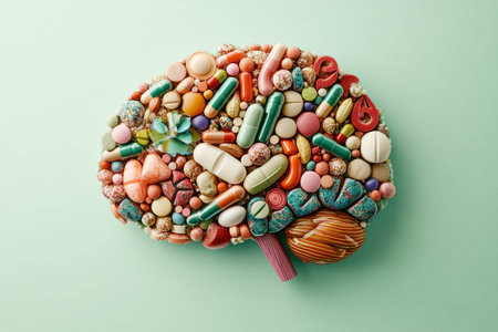 A brain crafted from different-sized pills and capsules, with the colors and textures mimicking the complex shape of a brain, displayed on a light green background.の素材