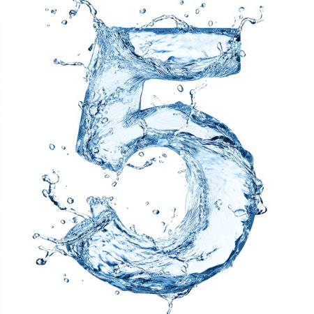 The number 5 formed by dynamic water splashes, with flowing curves and suspended droplets, creating a sense of movement and fluidity in liquid typography, isolated on a white backgroundの素材