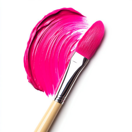A bright fuchsia paint brush stroke, mimicking a bold lip gloss, isolated on a white background, showing the glossy finish and vibrant color of the makeupの素材