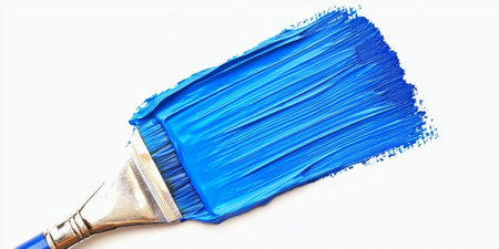 Bright blue oil paint brush stroke on a clean white background, with a textured bristle tip and isolated design, perfect for artistic and creative useの素材