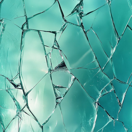 A layered broken glass texture creating an abstract pattern on a cool turquoise background, showcasing a blend of shards and soft light reflectionsの素材