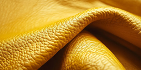 Detailed close-up of golden yellow leather, showing its vibrant color and soft texture, with natural variations that reveal the quality of genuine leatherの素材