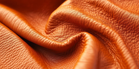 Close-up of burnt orange leather, showcasing its unique texture and vibrant color, with natural creases that highlight the authenticity of genuine leatherの素材