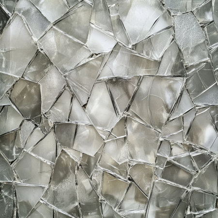 An artistic broken glass texture creating an abstract design on a neutral gray background, emphasizing the beauty of sharp edges and fragmented formsの素材