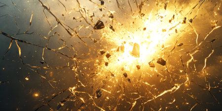 Abstract 3D rendering of a sleek metallic surface shattering into fragments, with bright golden light bursting from the cracks, creating a dynamic contrast of industrial and luminous elementsの素材