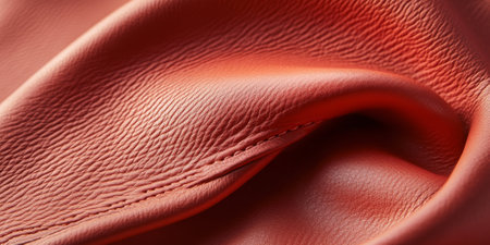 Close-up of coral leather, emphasizing its soft texture and vibrant hue, with natural variations that showcase the character of genuine leatherの素材