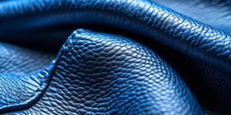 Detailed close-up of cobalt blue leather, capturing its glossy surface and fine grain, emphasizing the luxurious appeal of genuine leather craftsmanshipの素材
