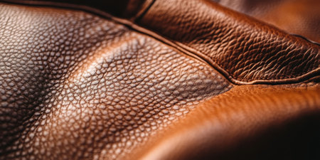 Macro shot of rich brown leather, featuring its classic grain and natural texture, with visible pores that showcase the authenticity of genuine leatherの素材