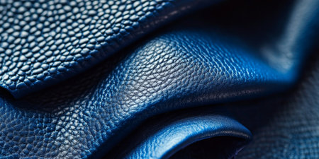 Detailed close-up of cobalt blue leather, capturing its glossy surface and fine grain, emphasizing the luxurious appeal of genuine leather craftsmanshipの素材