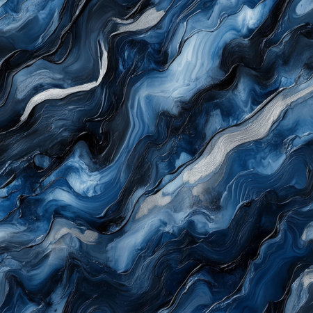 A captivating abstract oil paint pattern with wavy shapes in dark blue and silver, creating a mystical and otherworldly atmosphereの素材