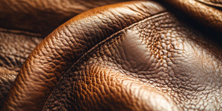 Macro shot of brown leather, showing the intricate grain and texture with visible pores and subtle aging marks, revealing the timeless character of genuine leatherの素材
