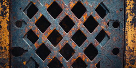 Detailed view of a weathered metal grate with a diamond-shaped geometric pattern, showcasing the layers of rust, patina, and corrosion for a rugged industrial textureの素材