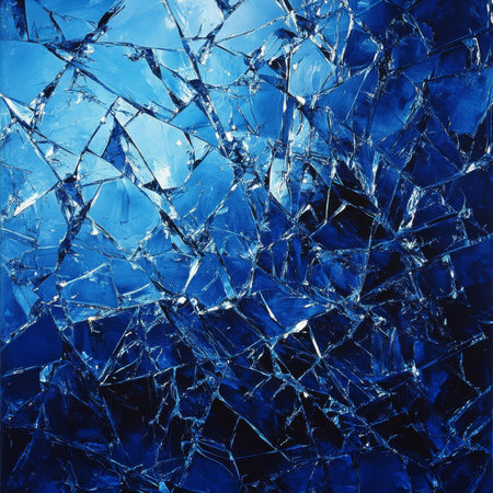 A stunning broken glass texture forming an abstract pattern on a deep blue background, showcasing shards and reflections that create a captivating visual effectの素材