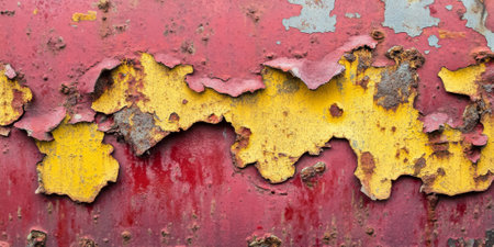 Deep rust and corrosion covering a metal surface with faded red and yellow peeling paint, forming a textured industrial background with abstract patternsの素材