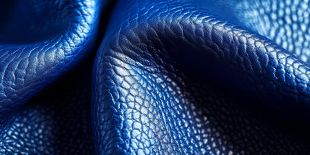 Detailed close-up of cobalt blue leather, capturing its glossy surface and fine grain, emphasizing the luxurious appeal of genuine leather craftsmanshipの素材