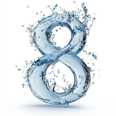 A creative number 8 crafted from cascading water splashes, showcasing a harmonious flow and intricate details, embodying the elegance and energy of liquid motion, isolated on a white backgroundの素材