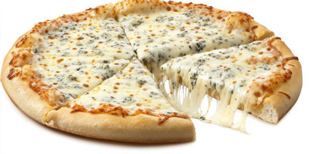 A classic four-cheese Italian pizza with a combination of mozzarella, gorgonzola, Parmesan, and provolone, melted to perfection on a thin, crispy crust with a golden finishの素材