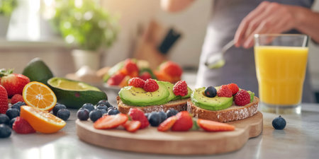 A bright kitchen scene where a nutritionist is skillfully preparing a vibrant vegan breakfast featuring perfectly sliced avocado on whole grain toast, accompanied by a colorful assortment of fresh berries and a glass of freshly squeezed orange juiceの素材
