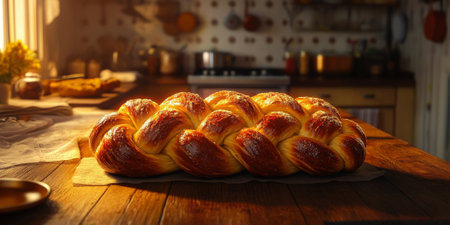 A beautifully braided challah bread with a shiny golden crust is placed on a wooden table, with a traditional kitchen scene in the backgroundの素材